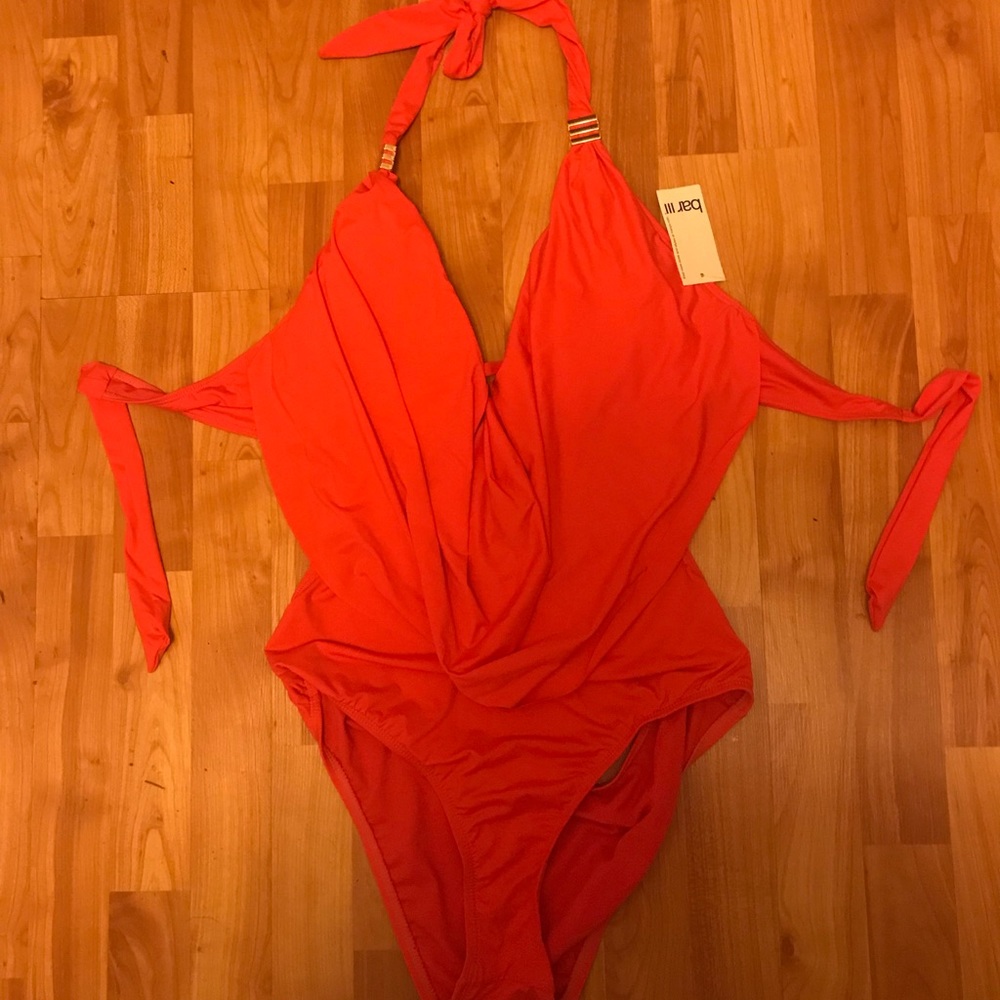 Coral swimsuit with tie around neck